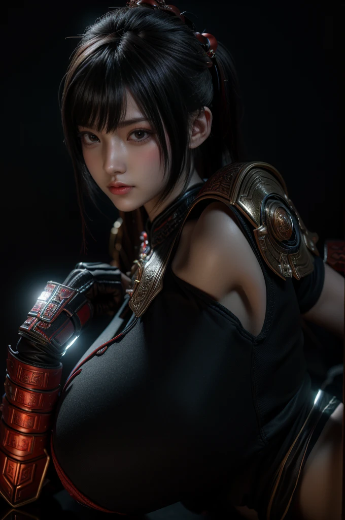 masterpiece,Game Art,Best picture quality,Maximum resolution,8K,(portrait),Unreal Engine 5 rendering works,(Digital Photography),
girl,beautiful pupils,(Gradient short hair blue red),plump,(Large Breasts),(portrait photography:1.5),
(chivalrous women of tang dynasty),Casual Hairstyle,delicate face,(Full breasts,Large Breasts),Serious,Cool and elegant,(Wear combat armor with Chinese costume characteristics,complex patterns,Mysterious light,hollow armor),(red and black),Ancient fantasy style character movie lighting，Ray Tracing，Game CG，((3D Unreal Engine))，oc render reflection texture