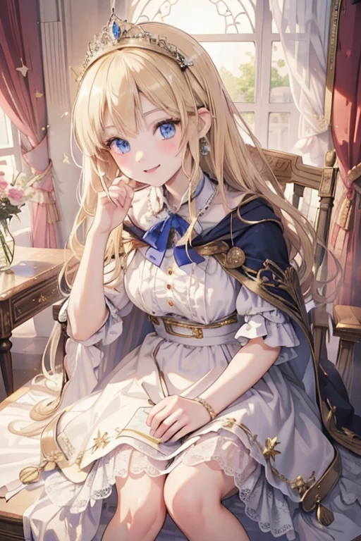 masterpiece, highest quality, Very detailed, 16k, Ultra-high resolution, Perfect Fingers, Detailed face, 14-year-old girl, princess, blue eyes, Blonde, Smile, Crimson classic dress, Gorgeous dress, shawl, Cape, Gorgeous skirt, Drawers, A gorgeous tiara on her head, royal palace, Sitting on the throne