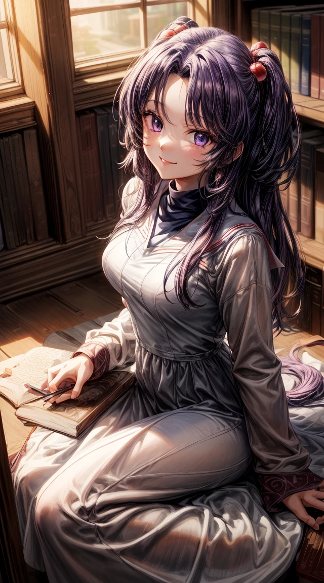 anime art, (masterpiece, best quality, perfect face, highest detailed face, colorful), 1girl. (((Kotomi))), face focus, full body, (((white dress:1.2))), purple hair, purple eyes, slight smile, beautiful eyes, looking at viewer, library at background, sunlight passing through hair, (extreme detailed, intricate details, cozy light)