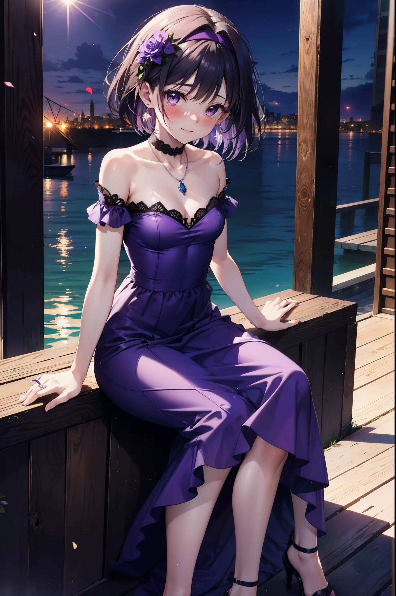 yuukikonno, Yuki Konno,Black Hair,short hair,Bob Hair ,Green headband,(Purple eyes:1.5), (Small breasts:1.2), smile,Purple Dress,Purple long skirt,purple stiletto heels,No sleeve,Expose your shoulders,Bare arms,Bare neck,bare clavicle,Wearing a wedding ring on the left hand,Heart Necklace,Tears stream down her face,Tears of joy,I cry a lot,Romantic night view,moonlight,whole bodyがイラストに入るように、
break outdoors, hill,
break looking at viewer, whole body,
break (masterpiece:1.2), highest quality, High resolution, unity 8k wallpaper, (shape:0.8), (Beautiful details:1.6), Highly detailed face, Perfect lighting, Highly detailed CG, (Perfect hands, Perfect Anatomy),