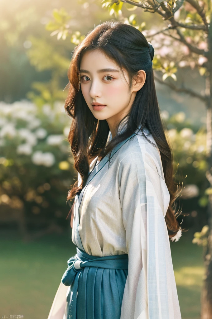 ( masterpiece, top quality, best quality,8k,years old girl,ultra detailed,raw photo:1.5),(photorealistic:1.4), (cinematic lighting), PerfectNwsjMajic, , Surrealism, UHD, ccurate, Super detail, textured skin, High detail, Best quality, dynamic angle, White skin,[Beautiful blue eyes], high nose,(1girl),(good anatomy:0.5)), Dreamy atmosphere,expressive brush strokes, mystical ambiance, Artistic interpretation, a whimsical illustration, Subtle colors and tones, mystical aura, Woman wearing traditional Korean costume,(hanbok:1.3), Joseon dynasty, jeogori,chima,and the po,portrait,(long straight hair:1.5), flower,warm sun, The background is the garden 