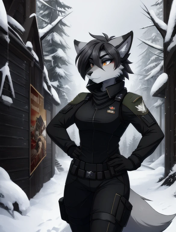 Warhammer_40 thousand_Commissar,((masterpiece)), (Best quality), (detailed), Black uniform sleeveless shirt , mascara, Eyeliner, eyeshadow, Upper body, pomade, женщина anthro furry wolf, Propaganda poster, wicked, bristle,
 (8k contract, masterpiece, Best quality, High quality, absurdity, ultra-detailed), masterpiece, Best quality, one female furry wolf, (gray fur 1), Medium hair, in a tight black tactical suit, in thigh-high boots, wearing long gloves, stand calmly in the snowy forest,