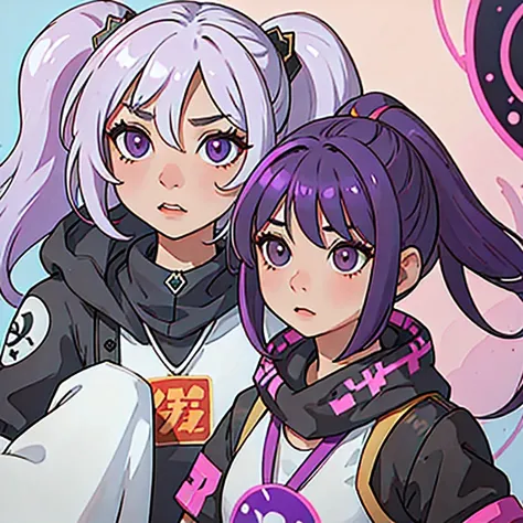 Clay effect,(((2 girls)))Purple and white hair，Double ponytail，16，arafed （（（Telephoto Tilt-Shift））） in shiny shirt with ponytail...