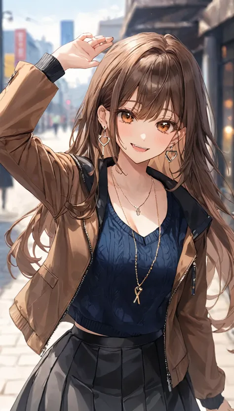 One girl, Ahoge, bangs, black skirt, black sweater, Blue Claws, Blurred, Blurred background, chest, Brown eyes, Brown Hair, brow...