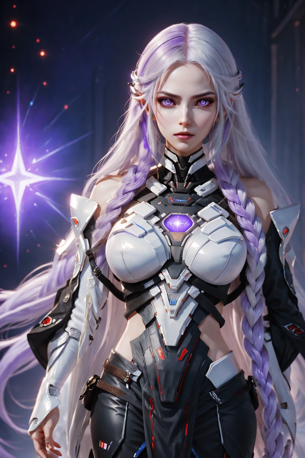 detailed portrait of two secret agent lovers, man and woman standing standing side by side looking at the viewer, yinji, purple hair, purple eyes, long hair, white hair, double braids, gradient hair, highly detailed, intricate machinery, glossy metal skin, glowing blue lights, complex circuitry, futuristic technology, edge light, dramatic lighting, beautiful starry background, octane rendering, cool, personality, brave, realistic 3D render, cinematic composition, award winning digital art, best quality, masterpiece, illustrations, very exquisite and beautiful, very detailed, CG, unity, wallpaper, stunning, exquisite details