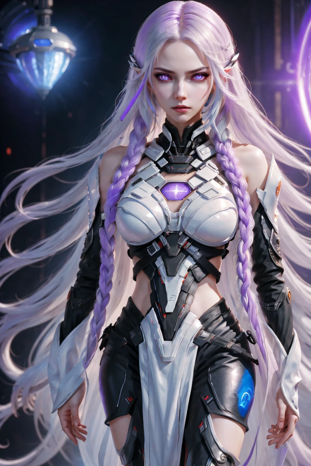 detailed portrait of two secret agent lovers, man and woman standing standing side by side looking at the viewer, yinji, purple hair, purple eyes, long hair, white hair, double braids, gradient hair, highly detailed, intricate machinery, glossy metal skin, glowing blue lights, complex circuitry, futuristic technology, edge light, dramatic lighting, beautiful starry background, octane rendering, cool, personality, brave, realistic 3D render, cinematic composition, award winning digital art, best quality, masterpiece, illustrations, very exquisite and beautiful, very detailed, CG, unity, wallpaper, stunning, exquisite details