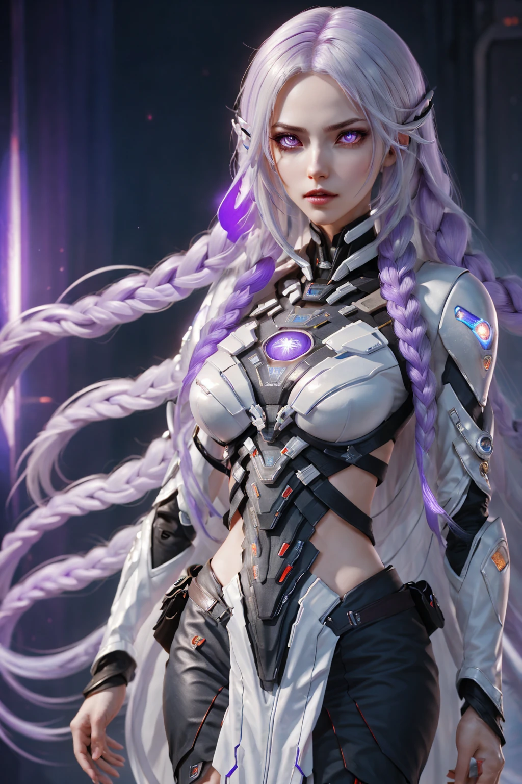 detailed portrait of two secret agent lovers, man and woman standing standing side by side looking at the viewer, yinji, purple hair, purple eyes, long hair, white hair, double braids, gradient hair, highly detailed, intricate machinery, glossy metal skin, glowing blue lights, complex circuitry, futuristic technology, edge light, dramatic lighting, beautiful starry background, octane rendering, cool, personality, brave, realistic 3D render, cinematic composition, award winning digital art, best quality, masterpiece, illustrations, very exquisite and beautiful, very detailed, CG, unity, wallpaper, stunning, exquisite details