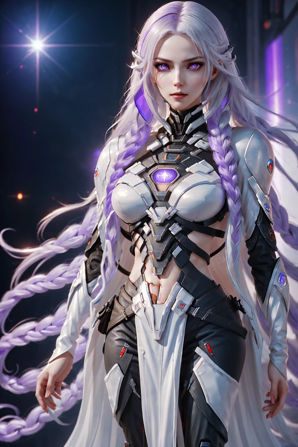 detailed portrait of two secret agent lovers, man and woman standing standing side by side looking at the viewer, yinji, purple hair, purple eyes, long hair, white hair, double braids, gradient hair, highly detailed, intricate machinery, glossy metal skin, glowing blue lights, complex circuitry, futuristic technology, edge light, dramatic lighting, beautiful starry background, octane rendering, cool, personality, brave, realistic 3D render, cinematic composition, award winning digital art, best quality, masterpiece, illustrations, very exquisite and beautiful, very detailed, CG, unity, wallpaper, stunning, exquisite details