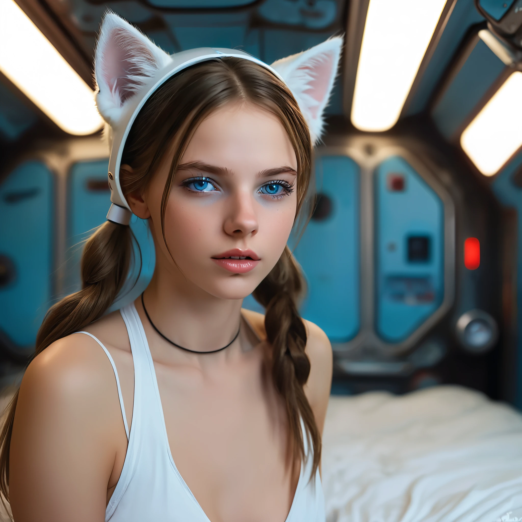 Russian girl,  sitting on a bed,  in a cyberpunk steel bunker with hatches etc.,  in the background. she is wearing white cats ears. She has twintail hairstyle.  girl,  slim ,  small girl,  beautiful breasts. Masterpiece,  8k,  4k,  high resolution,  dslr,  ultra quality,  sharp focus,  tack sharp,  dof,  film grain,  Fujifilm XT3,  crystal clear,  8K UHD,  highly detailed light blue eyes,  high detailed skin,  skin pores,  seductive,   look,  bewitching lady with beautiful long hair,  brown eyes,  full lips,  long legs,  lovely face wearing torn vaultsuit clothes. , realistic colors, realistic, photorealistic nude naked nude no clothes no pants nudity naked pussy tittys