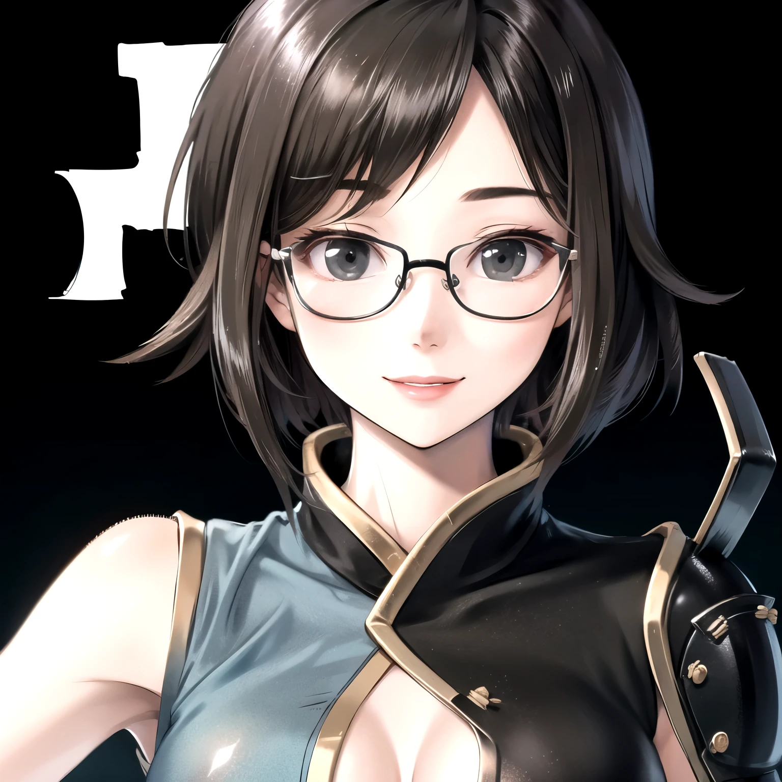 ((best quality)), ((masterpiece)), (detailed), perfect face. Asian girl. Smile. Black hair. Short hair. Black eyes. Glasses. Ninja. Small breast. 