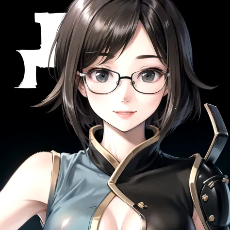 ((best quality)), ((masterpiece)), (detailed), perfect face. asian girl. smile. black hair. short hair. black eyes. glasses. nin...