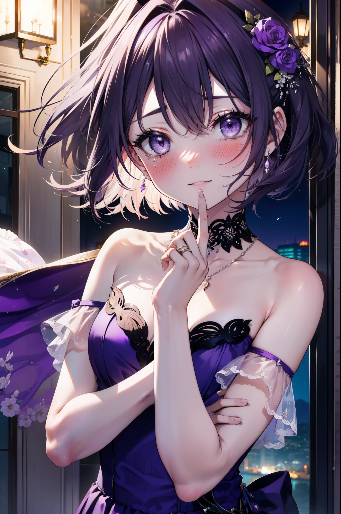yuukikonno, Yuki Konno,Black Hair,short hair,Bob Hair ,Green headband,(Purple eyes:1.5), (Small breasts:1.2), smile,Purple Dress,Purple long skirt,purple stiletto heels,No sleeve,Expose your shoulders,Bare arms,Bare neck,bare clavicle,Wearing a wedding ring on the left hand,Heart Necklace,Tears stream down her face,Tears of joy,I cry a lot,Romantic night view,moonlight,whole bodyがイラストに入るように、
break outdoors, hill,
break looking at viewer, whole body,
break (masterpiece:1.2), highest quality, High resolution, unity 8k wallpaper, (shape:0.8), (Beautiful details:1.6), Highly detailed face, Perfect lighting, Highly detailed CG, (Perfect hands, Perfect Anatomy),
