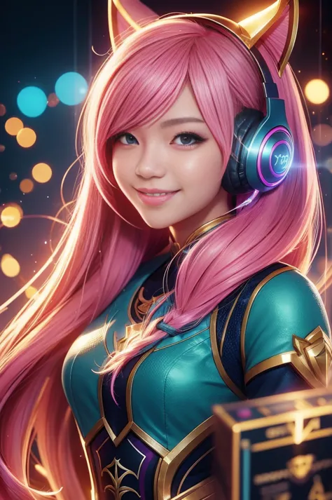 close-up：a smiling girl with headphones, 8k type germ bokeh, rossdraws global illumination, league of legends characters, stanle...