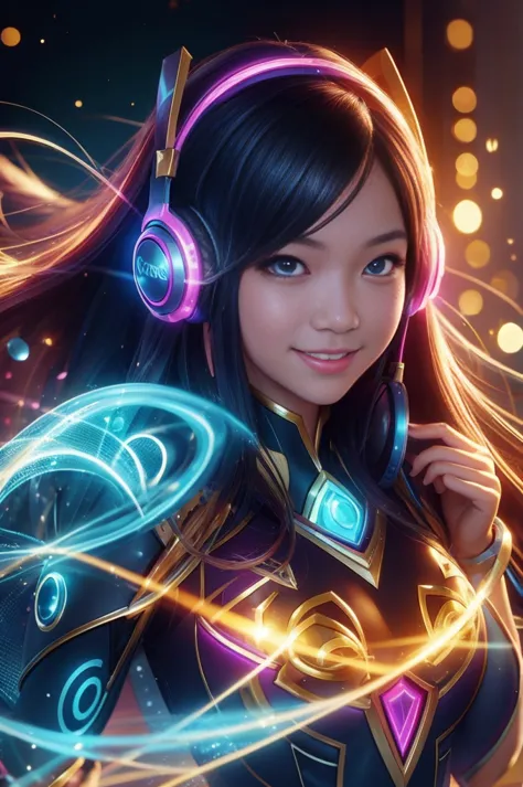 close-up：a smiling girl with headphones, 8k type germ bokeh, rossdraws global illumination, league of legends characters, stanle...