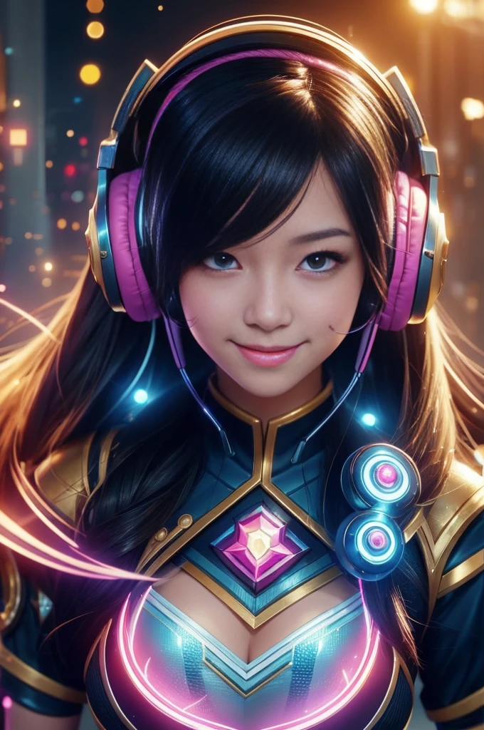 Close-up：A smiling girl with headphones, 8k type germ bokeh, rossdraws Global Illumination, League of Legends Characters, stanley type germ lau, extremely detailed type germ, style type germ, Ross trans style, IG Model | type germ, rossdraws cartoon vitality, type germ lau, trending type germ