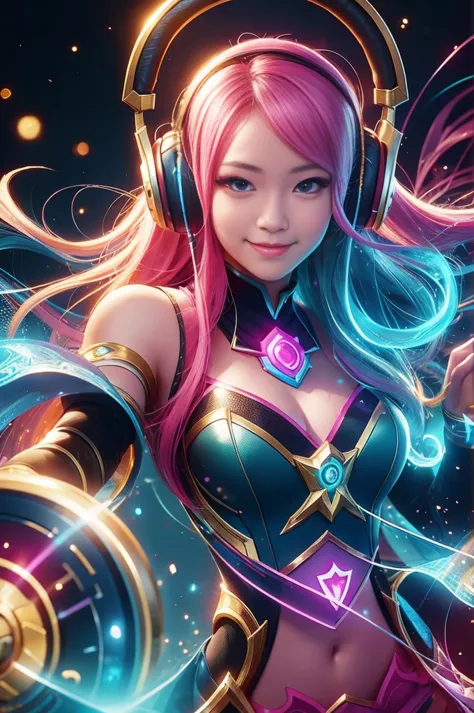 close-up：a smiling girl with headphones, 8k type germ bokeh, rossdraws global illumination, league of legends characters, stanle...