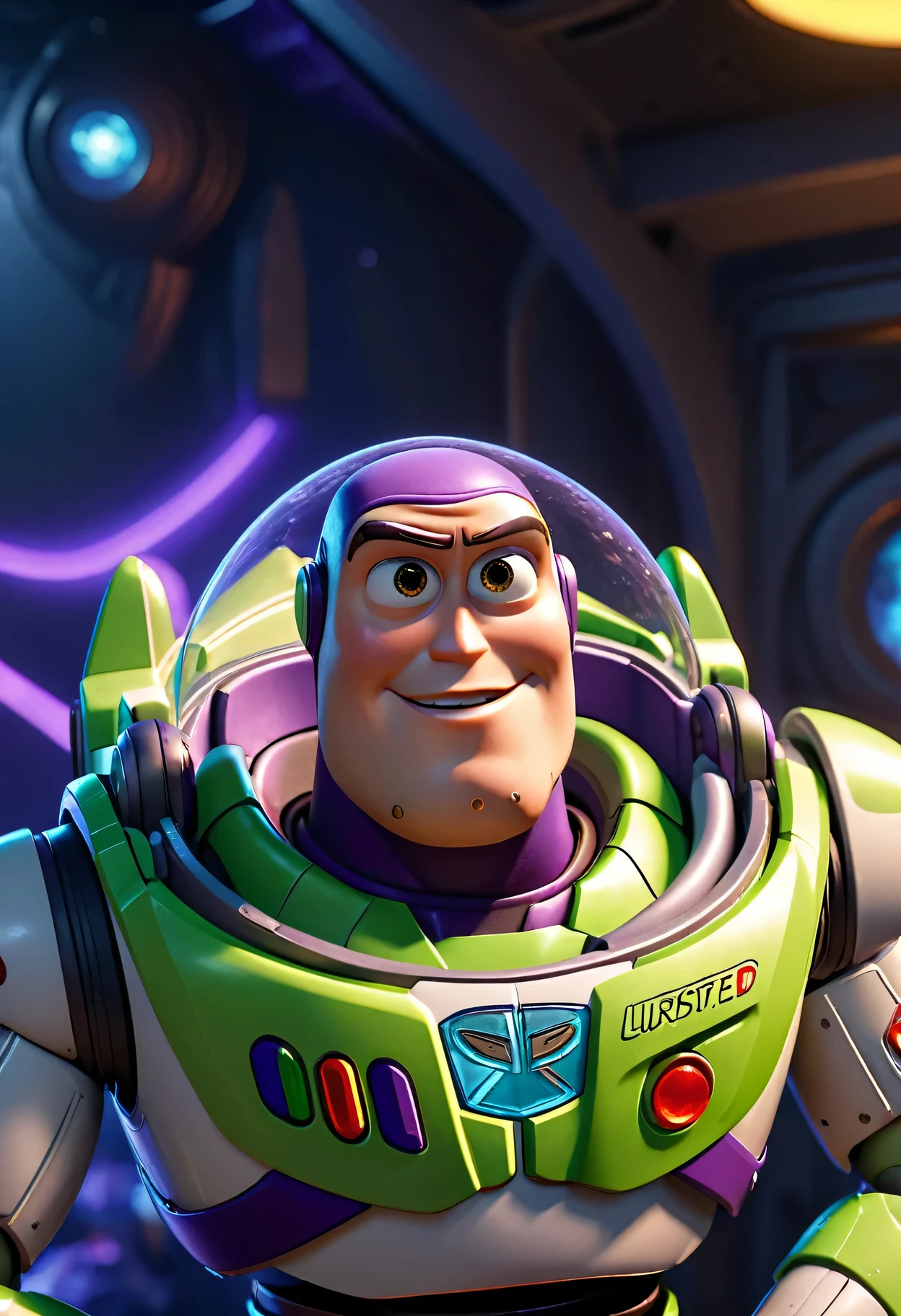 Movie scenes, Buzz Lightyear standing looking at the viewer, twisted spaces, twisted undead in background, lens halo, optical axis, complex details, very detailed, volumetric lighting, 4K rendering, images, surrealism, realistic textures, dramatic lighting, Unreal Engine