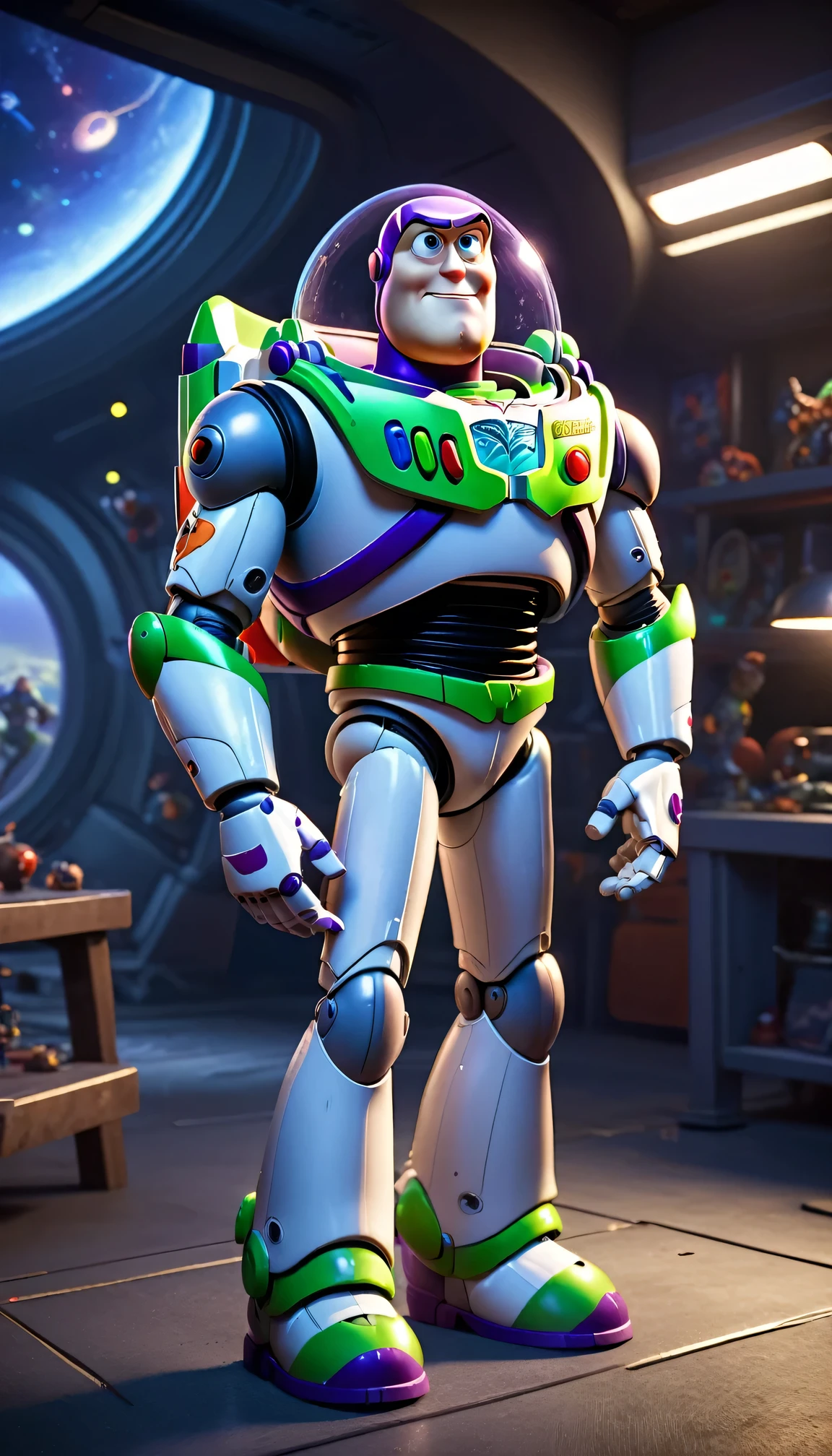 Movie scenes, Buzz Lightyear standing looking at the viewer, twisted spaces, twisted undead in background, lens halo, optical axis, complex details, very detailed, volumetric lighting, 4K rendering, images, surrealism, realistic textures, dramatic lighting, Unreal Engine