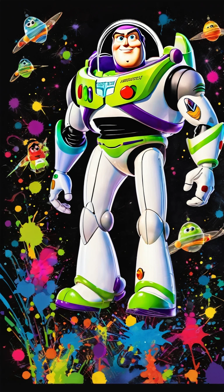  buzz lightyear, colorful ink art, black background