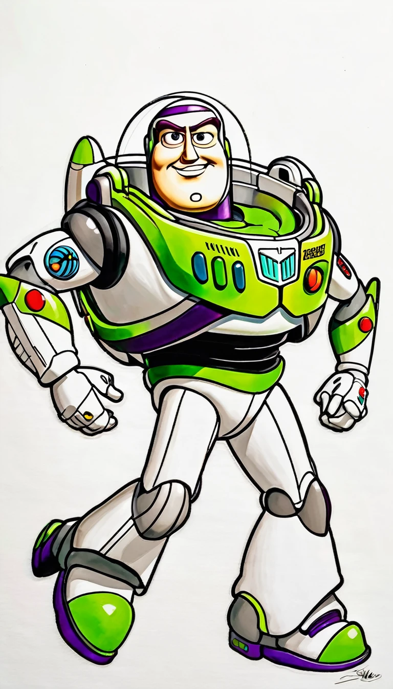  buzz lightyear, colorful ink art, black background