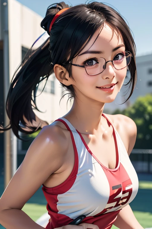 sports meetingの日、sports meeting、gallery、Students cheering、女子100 m競走、((highest quality:1.4、8k、32k、Hmph:1.3))、(An unparalleled masterpiece)、((Raw photo、realism:1.6))、Japanese girl、Outdoor,playground,Schoolyard,Schoolyard,(physical education:1.3),(Per class:1.3)Girl smiling at the camera、Dynamic Pose、(sports meetingの日、100 m走、running)、Dynamic Angle、School gym clothes、Bloomers、(Huge boobs:0.5、thin abdomen、The lower body is thin)、Ulzzang-6500-v1.1、Teenage Girls、Ultra detailed face、Detailed eyes、Round face、Baby Face、Detailed Iris、double eyelid、(((Glasses、Long black hair、High up ponytail)))、Photon Mapping、Detailed skin texture、100 m,head to feet:1.5,