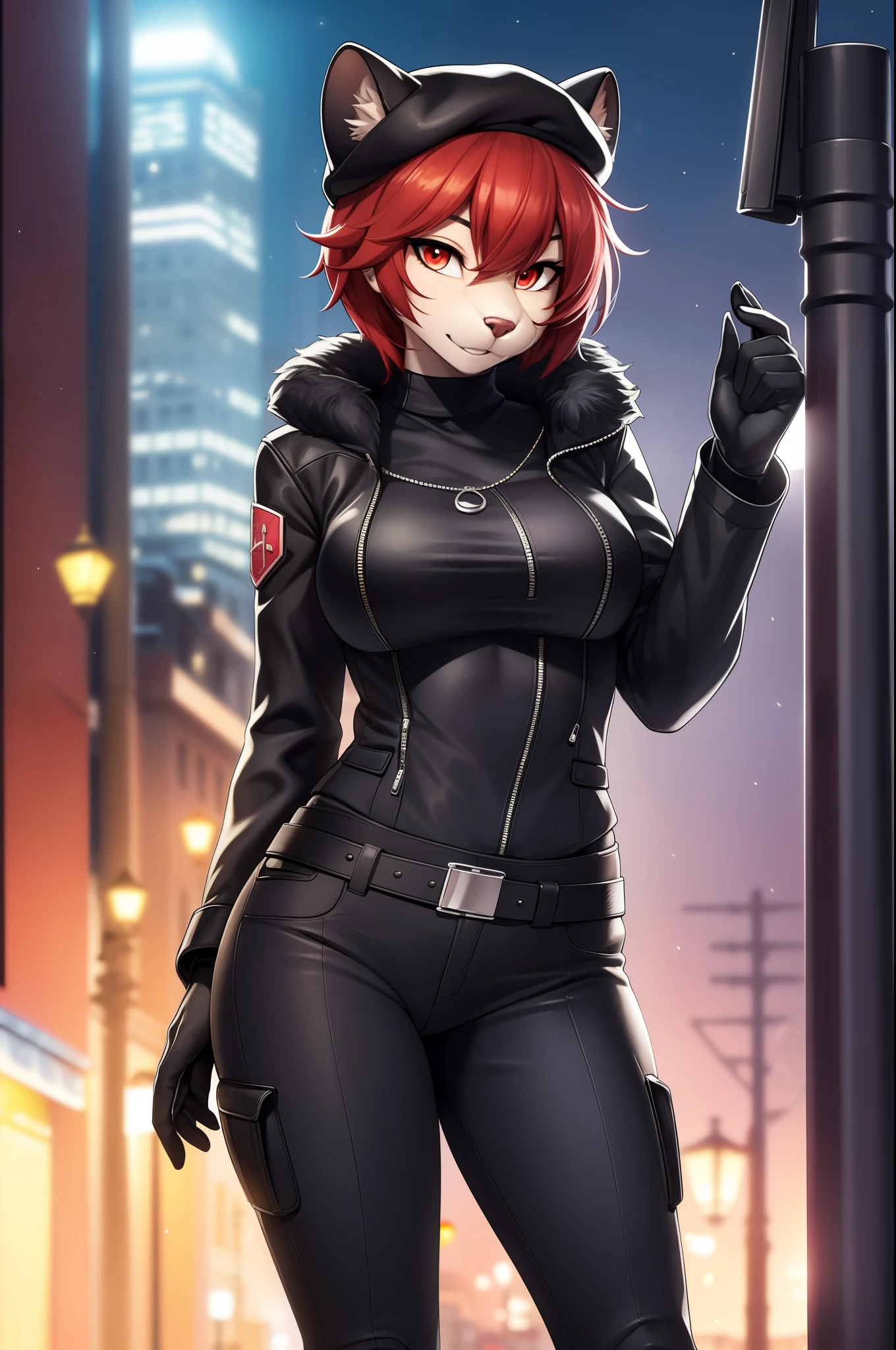 A Beautiful Furry, Otter,  High resolution details, very beautiful eyes, red eye, very detailed eyes, short hair, a cheeky look, full body, perfect body), is alone, is female,
She is wearing a beautiful black jacket with a fur hat, stands next to a street lamp and leans against it,  It's nighttime and you can see cars in the background, And holds a pistol,