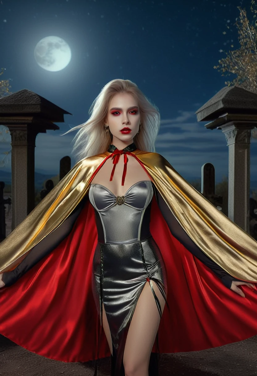 Vampyfangs1, (RAW Photo) , (highly detailed:1.20) , ultra realistic :1.10) ,sexy girl in her 20s , (perfect face:1.20) , (detailed red eyes:1.20) , with long silver hair in ponytail , (((long silver and gold lined satin cape tied at the neck with a ribbon :1.20))) , naked  , full body, standing a moonlit graveyard, high-quality ultra realistic style, detailed eyes, professional, expressive , 8K , highly detailed , professional,