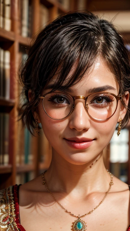 ((mejor calidad)), ((Obra maestra)), (detallado), (sesión de fotos de cerca), Una diosa de rostro perfecto con un vestido de gran tamaño camina por la biblioteca., los anteojos, collar, arete, cabello corto, sonrisa perfecta para el espectador, textura de piel real, ultra nítido, Presta atención al detalle de la cara, dedos y cabello., detallado detail,