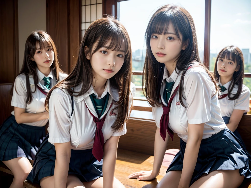 (RAW photo, 4k, masterpiece, high resolution, extremely complex) (realistic: 1.4), cinematic lighting
 ((2 girls, 2 schoolgirls)),Slam Dunk's,blushing,((innocent)),bright eyes,round eyes,blunt bangs,(straight hair:1.3),black hair,large breasts,wide hips,Summer Noon, ,Hot, (Best Quality), (Highres), (an Extremely Delicate and Beautiful),(Beautiful 8k face),(Brown eyes),short bob hair,( spectators),(gigantic breasts),(Play with each other,Touching each other's bodies,Touching the body),(Japanese high school uniform:1.3),blue skirt,(reality),bright lighting,(The background is a luxury hotel room)