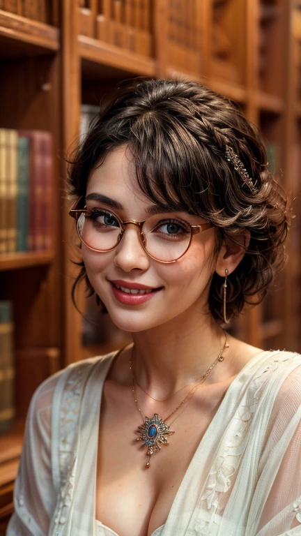 ((best quality)), ((masterpiece)), (detailed), (medium photoshoot), a perfect face goddess in an oversized dress walk in the library, hairpin, eyeglasses, necklace, earring, short hair, perfect smile to the viewer, real skin texture, ultra sharp, pay attention to the detail of the face finger and hair, detailed detail,