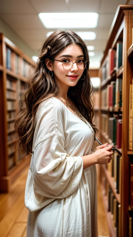((best quality)), ((masterpiece)), (detailed), (medium candid photoshoot), a perfect face goddess in an oversized dress walk in the library, eyeglasses, necklace, earring, long hair and a hairpin , perfect smile to the viewer, real skin texture, ultra sharp, pay attention to the detail of the face finger and hair, detailed detail,