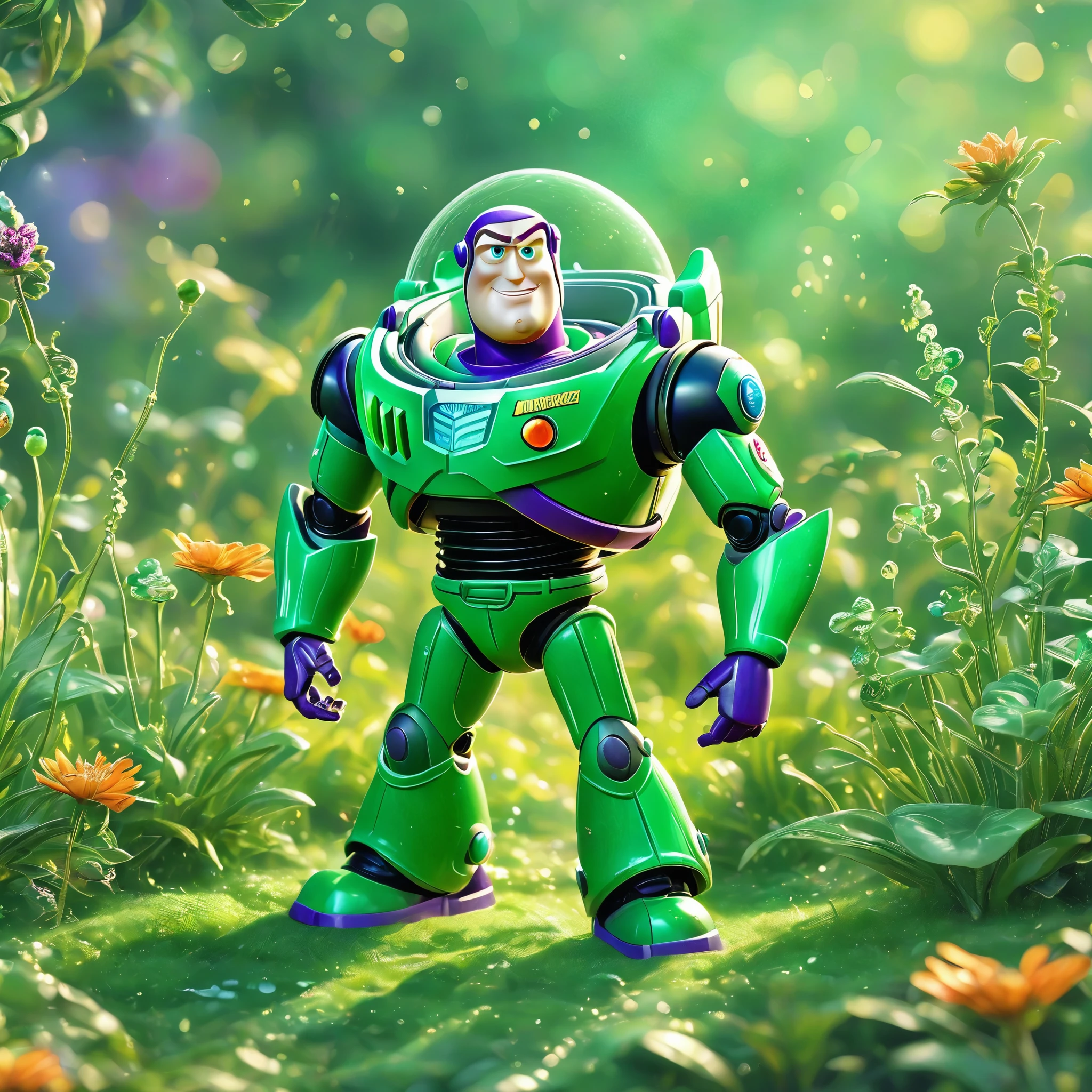 best quality, very good, 16K, ridiculous, Extremely detailed, Gorgeous Emerald Buzz Lightyear， Background grassland（（A masterpiece full of fantasy elements）））， （（best quality））， （（Intricate details））（8k）