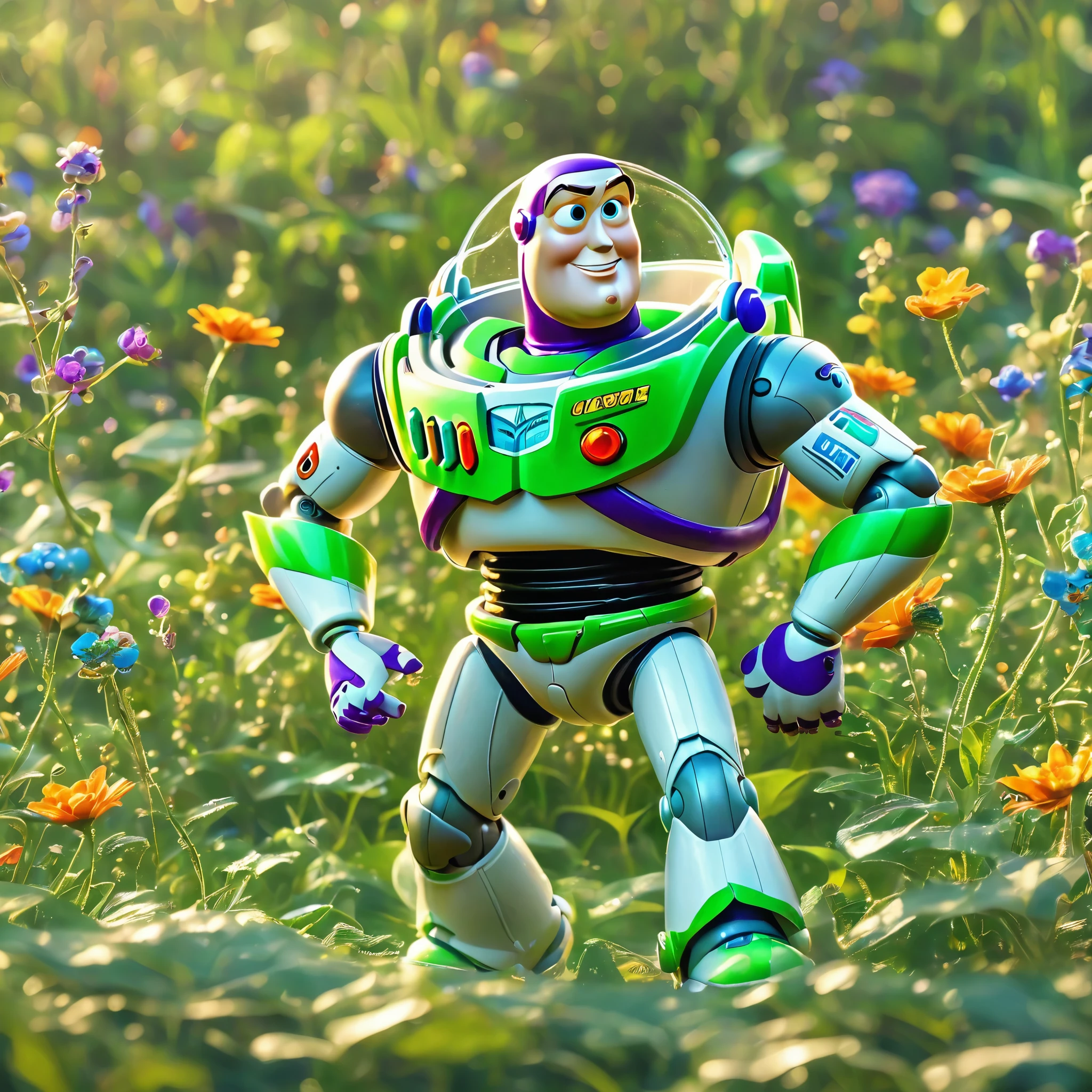 best quality, very good, 16K, ridiculous, Extremely detailed, Gorgeous Emerald Buzz Lightyear， Background grassland（（A masterpiece full of fantasy elements）））， （（best quality））， （（Intricate details））（8k）