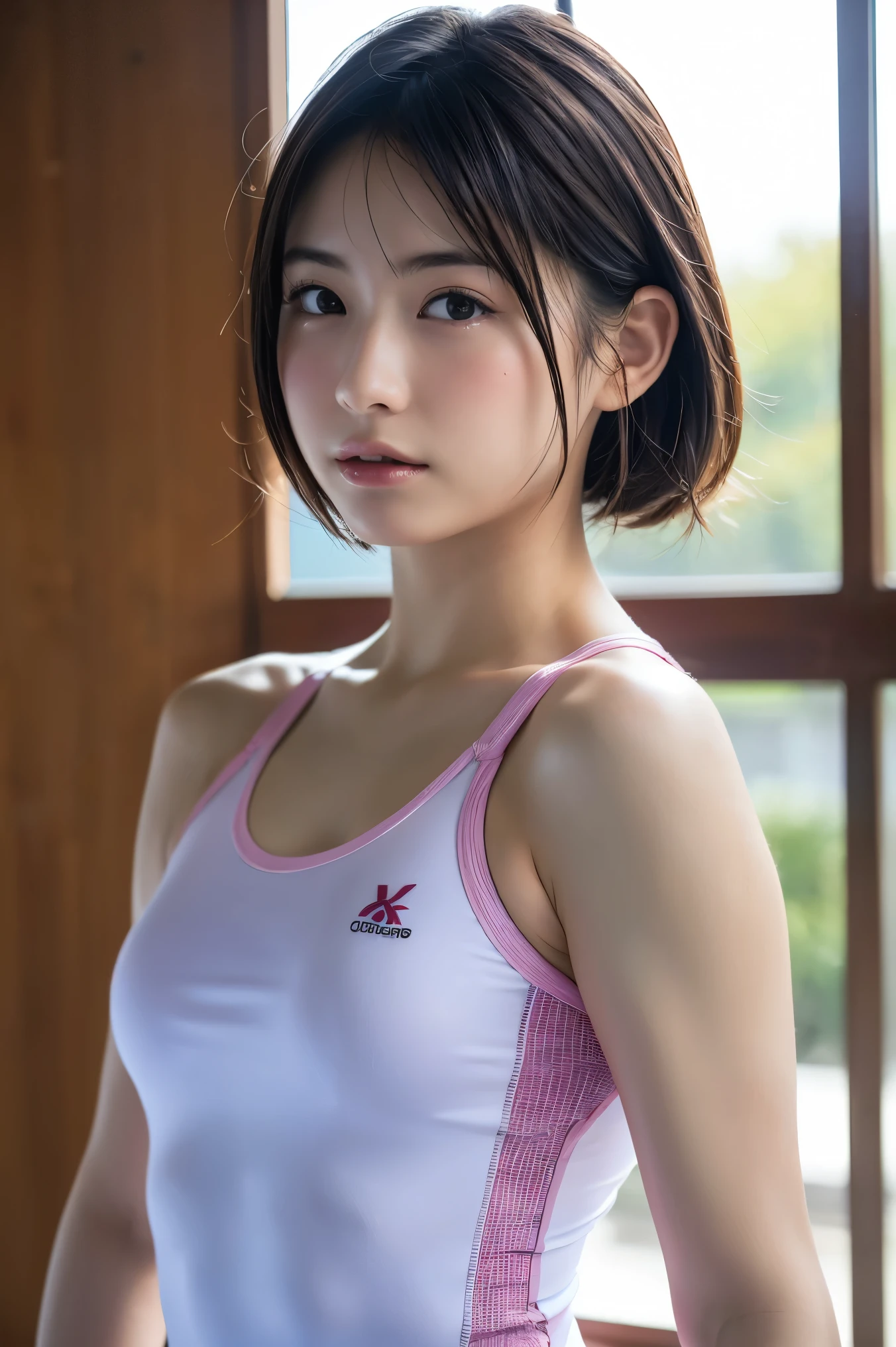 (8K, Fotos CRUDAS,de la máxima calidad, Alta resolución:1.1), (Súper realista:1.4),(Realista, Realista:1.3),belleza japonesa、((Parte superior del cuerpo:1.3))、Equipo de gimnasia desnuda: mallas y agarres flexibles