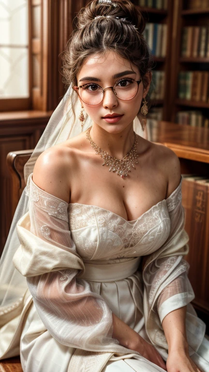 ((beste Qualität)), ((Meisterwerk)), (ausführlich), (mittelgroßes spontanes Fotoshooting), eine Göttin mit perfektem Gesicht in einem übergroßen Kleid geht durch die Bibliothek, Brille, Halskette, Ohrring, Braut Dutt Frisur, im Ruheraum sitzen, Echte Hautstruktur, ultrascharf, achten Sie auf die Details des Gesichts Finger und Haare, ausführlich detail,