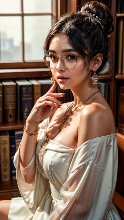 ((mejor calidad)), ((Obra maestra)), (detallado), (sesión de fotos mediana), Una diosa de rostro perfecto con un vestido de gran tamaño camina por la biblioteca., los anteojos, collar, arete, peinado de moño de novia, Siéntate en la habitación, Mirar por la ventana, atardecer, textura de piel real, ultra nítido, Presta atención al detalle de la cara, dedos y cabello., detallado detail,