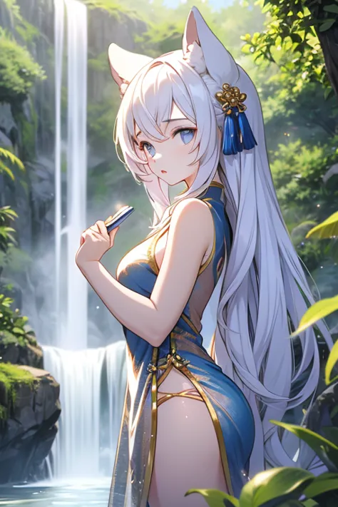 Animal ears　girl　A Chinese dress with a delicate design　Big Breasts　Bathe in the water of the waterfall from the head　soaked　See...