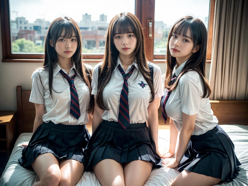 (RAW photo, 4k, masterpiece, high resolution, extremely complex) (realistic: 1.4), cinematic lighting
 ((2 girls, 2 schoolgirls)),Slam Dunk's,blushing,((innocent)),bright eyes,round eyes,blunt bangs,(straight hair:1.3),black hair,large breasts,wide hips,Summer Noon, ,Hot, (Best Quality), (Highres), (an Extremely Delicate and Beautiful),(Beautiful 8k face),(Brown eyes),short bob hair,( spectators),(gigantic breasts),(Play with each other,Touching each other's bodies,Touching the body),(Japanese high school uniform:1.3),blue skirt,(reality),bright lighting,(The background is a luxury hotel room)