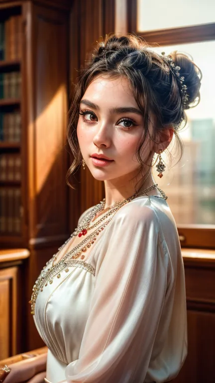 ((best quality)), ((masterpiece)), (detailed), a perfect face goddess in an oversized dress walk in the library, necklace, earri...