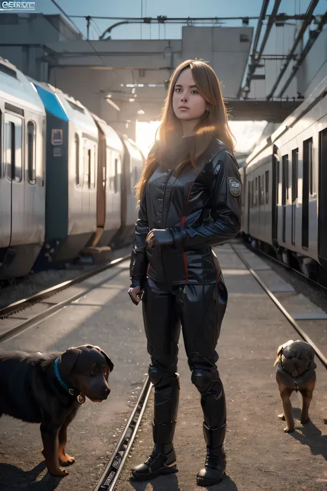 a girl in a cyber suit (((((standing trains a dog labrador))))), the surroundings of a future space station, sitting labrador,de...