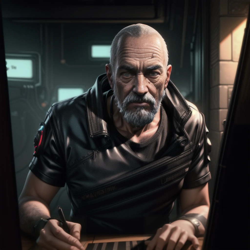 Masterpiece, best quality, (highly detailed CG unity 8k wallpaper), (best quality), (best illustration), (best shadows), isometric 3D , octane rendering, ray tracing, highly detailed, oldman master storyteller ancient philosopher cyberpunk closeup view