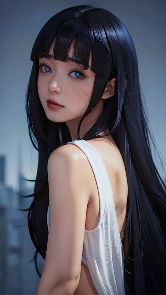 a close up of a person with long hair and a white clothes, uzumaki himawari, uzumaki himawari from anime boruto, as an anime character, perfect anime face, she has dark blue hair with bangs, female anime character, anime character, anime best girl, hime cut hairstyle, dark blue hair, (red glossy lips:1.3), blue eyes, smile, realistic, ultra detail, city background, (beautiful face:1.3)