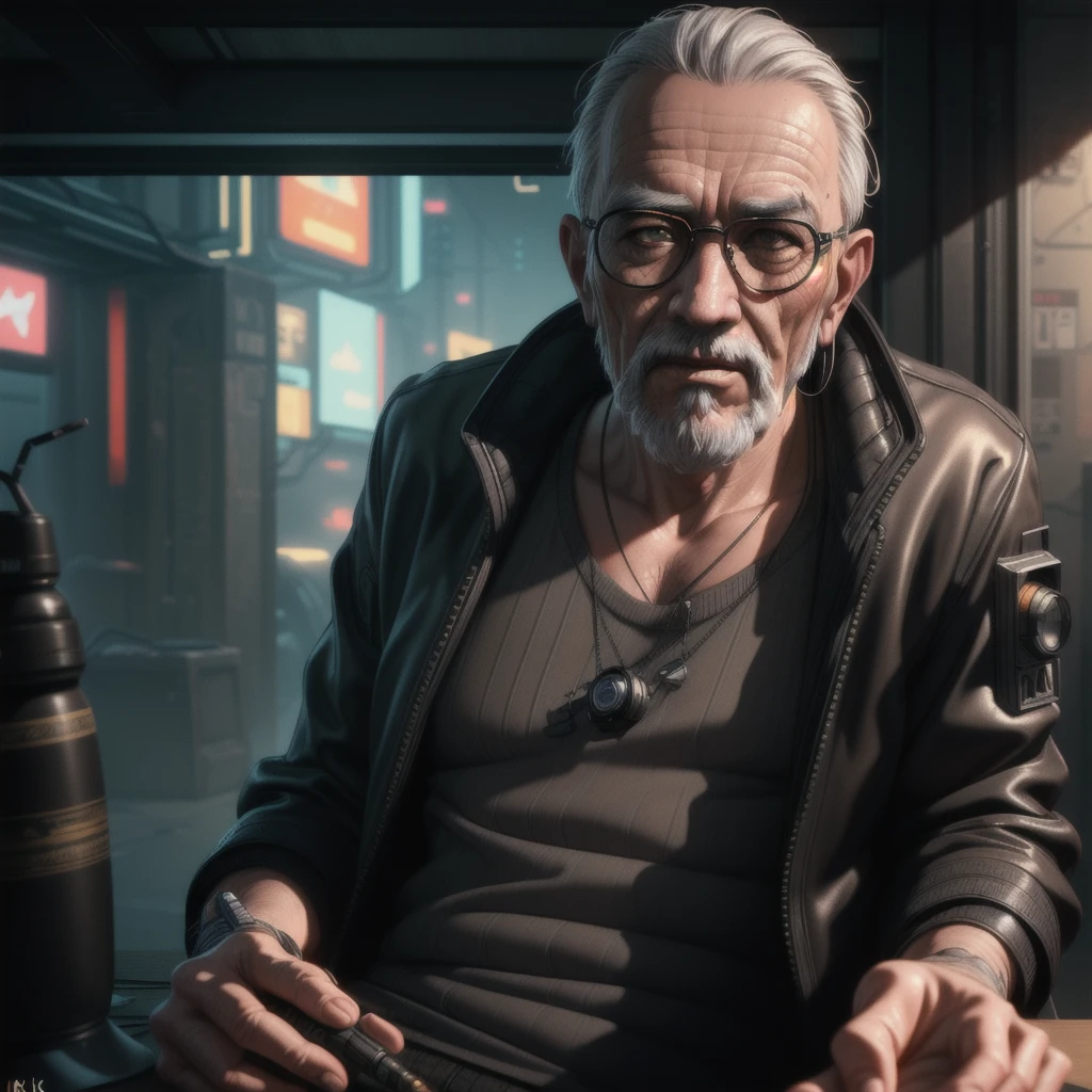 Masterpiece, best quality, (highly detailed CG unity 8k wallpaper), (best quality), (best illustration), (best shadows), isometric 3D , octane rendering, ray tracing, highly detailed, oldman master storyteller ancient philosopher cyberpunk closeup view