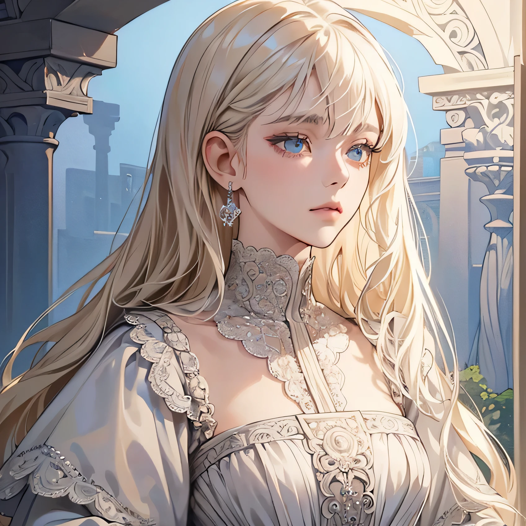 (extremely delicate and beautiful:1.2), 8K,(masterpiece:1.0),(best_quality:1.0), 1 girl, and intricate detailing, Enlarged textures, and intricate detailing, finely eye and detailed face, and intricate detailing, shiraga, platinum blonde curls long hair, (closed mouths), Perfect eyes, Equal eyes, carolina eyes (A famale god) with white and sliver ancient clothing and blue accessories 