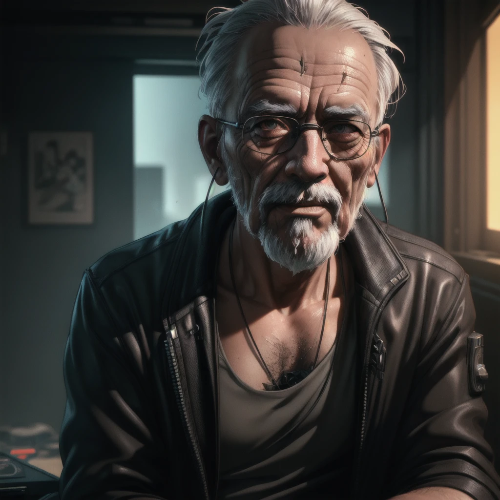 Masterpiece, best quality, (highly detailed CG unity 8k wallpaper), (best quality), (best illustration), (best shadows), isometric 3D , octane rendering, ray tracing, highly detailed, oldman master storyteller ancient philosopher cyberpunk closeup view