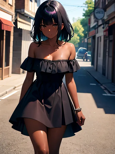 black hair, iridescent hair, black layered skirt, bending forward, off-the-shoulder, dark skin, village street