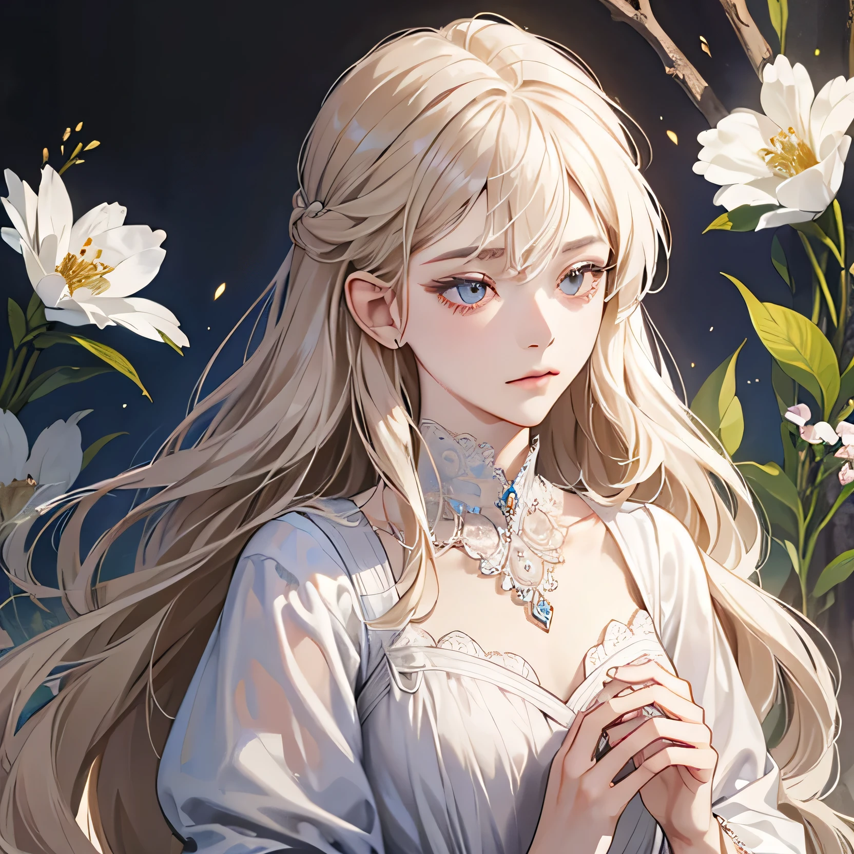 (extremely delicate and beautiful:1.2), 8K,(masterpiece:1.0),(best_quality:1.0), 1 girl, and intricate detailing, Enlarged textures, and intricate detailing, finely eye and detailed face, emotionless face, and intricate detailing, shiraga, platinum blonde curls long hair, (closed mouths), Perfect eyes, Equal eyes, carolina eyes (A famale god) with white and silver ancient clothing and blue accessories 