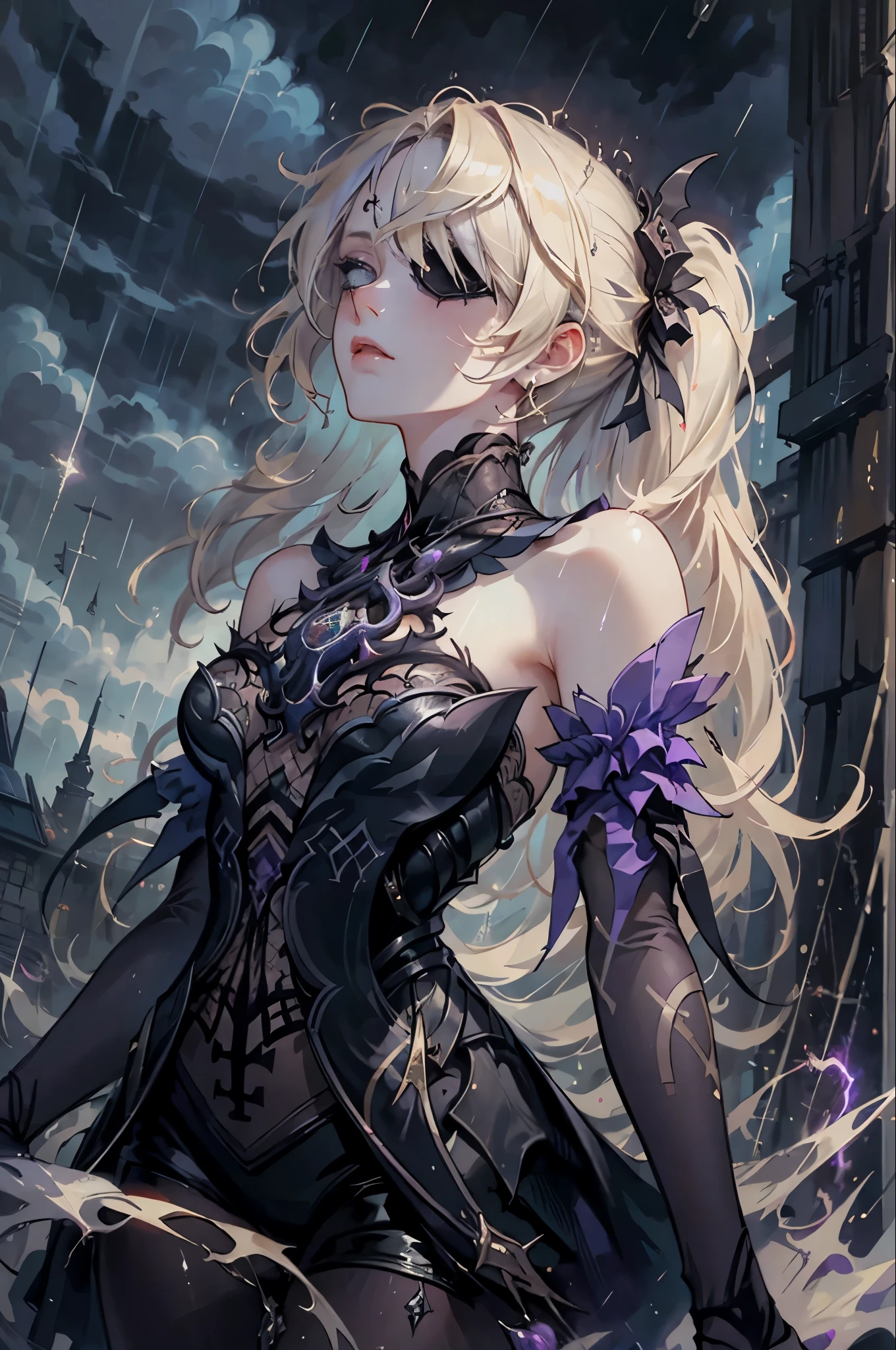 1woman, flowy blond hair ponytails, gothic, rose eyepatch in one eye, black lace gothic lolita dress, official art, unity 8k wallpaper, ultra detailed, beautiful and aesthetic, beautiful, masterpiece, best quality, (zentangle, mandala, tangle, entangle), (ecstasy of flower:1.2) dynamic angle, the most beautiful form of chaos, elegant, a brutalist designed, vivid colours, romanticism, atmospheric, extremely delicate and beautiful, Amazing, finely detail, masterpiece, ultra-detailed, highres,best illustration, best shadow,intricate,sharp focus, high quality,dark gothic princess, purple ghost of a raven ((outside in the rain, lightning in the sky))