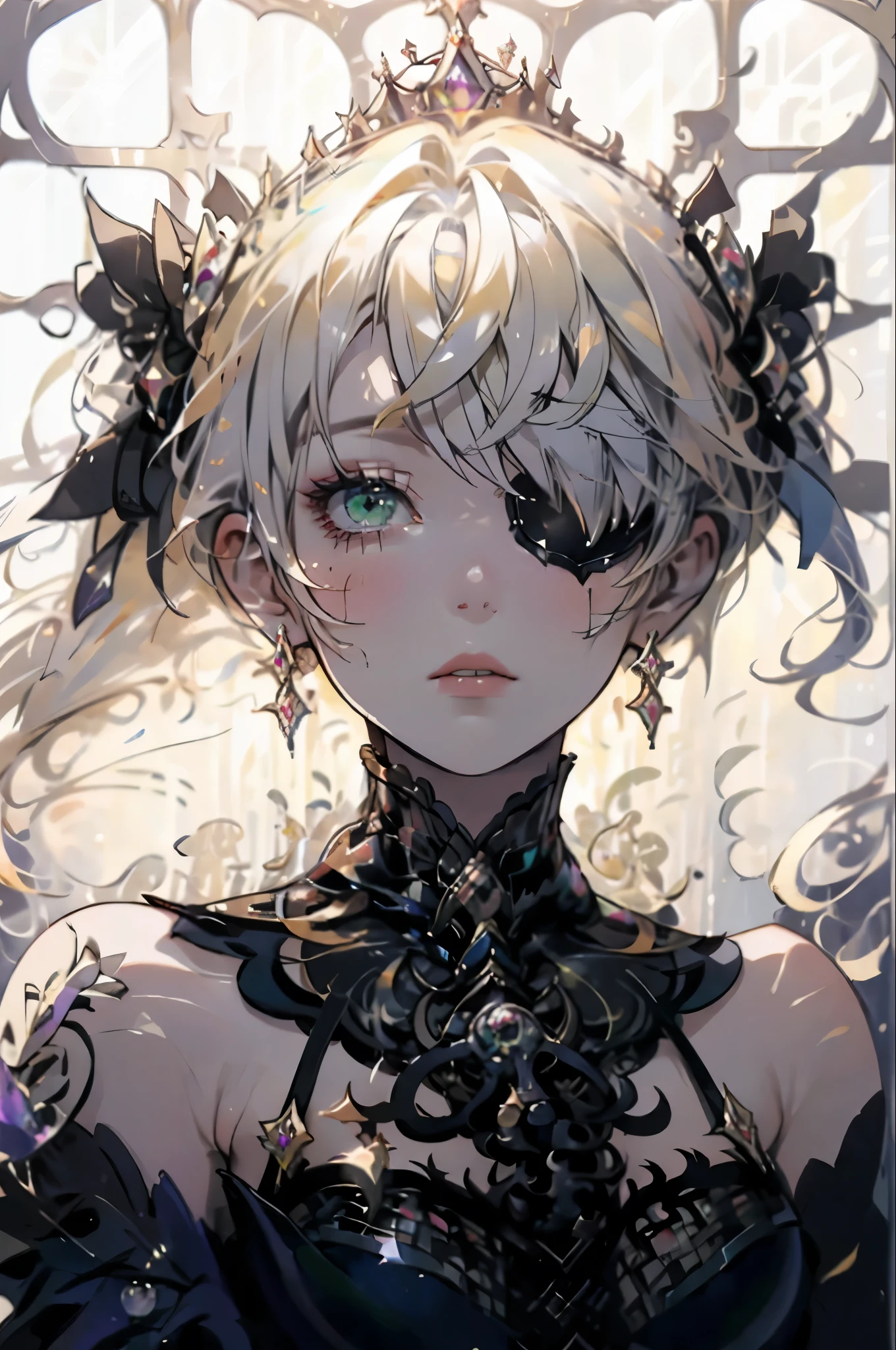 1woman, flowy blond hair ponytails, gothic, rose eyepatch in one eye, black lace gothic lolita dress, dried flowers, stained glass, official art, unity 8k wallpaper, ultra detailed, beautiful and aesthetic, beautiful, masterpiece, best quality, (zentangle, mandala, tangle, entangle), (ecstasy of flower:1.2) dynamic angle, the most beautiful form of chaos, elegant, a brutalist designed, vivid colours, romanticism, atmospheric, extremely delicate and beautiful, Amazing, finely detail, masterpiece, ultra-detailed, highres,best illustration, best shadow,intricate,sharp focus, high quality,dark gothic princess, open mouth, looking up, green eye, eyepatch