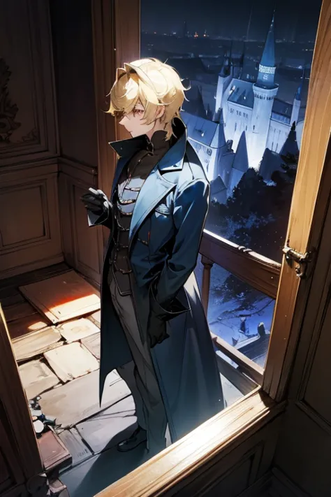 blonde,dark eyes,long coat,blue inner,gloves,abandoned house,castle,night